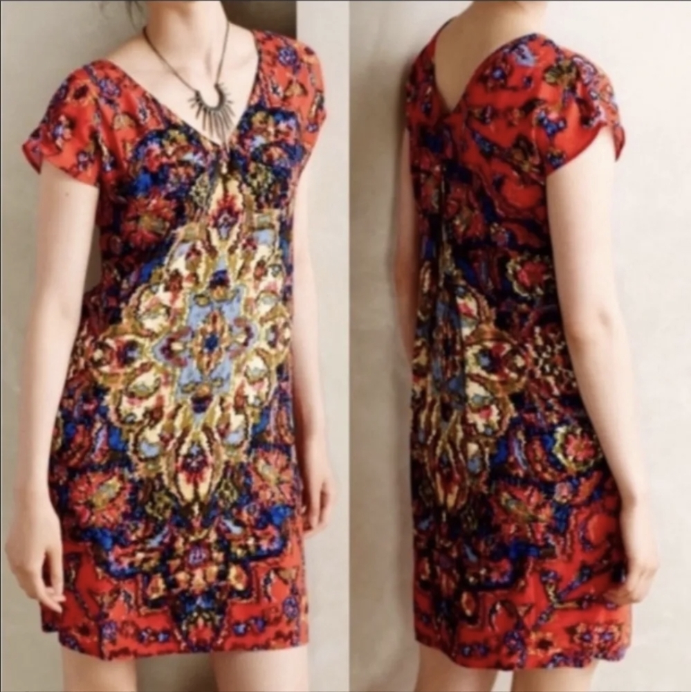 Anthropologie Maeve Medallion Floral Mini Red Print Dress
